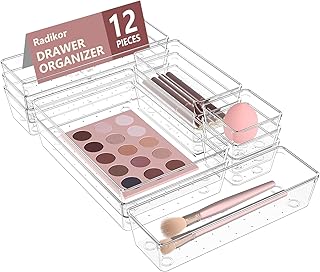 Lot de 12 Organisateurs de Tiroir, Rangement Tiroir en Plastique Transparent, Bacs de rangement avec 4 Tailles pour salle de bain, coiffeuse, Cuisine et Bureau