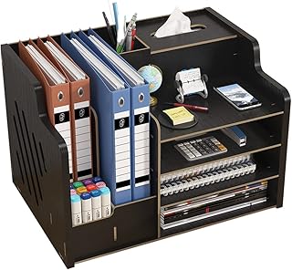 Hggzeg Organiseur de bureau en bois - Grande capacité - Trieur de fournitures de bureau - Boîte de rangement pour papiers A4, livres, documents et cahiers (JB07 Noir)
